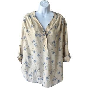 Unbranded 1980s Floral Henley Popover Blouse Blue Cream Roll-Tab Sleeve L